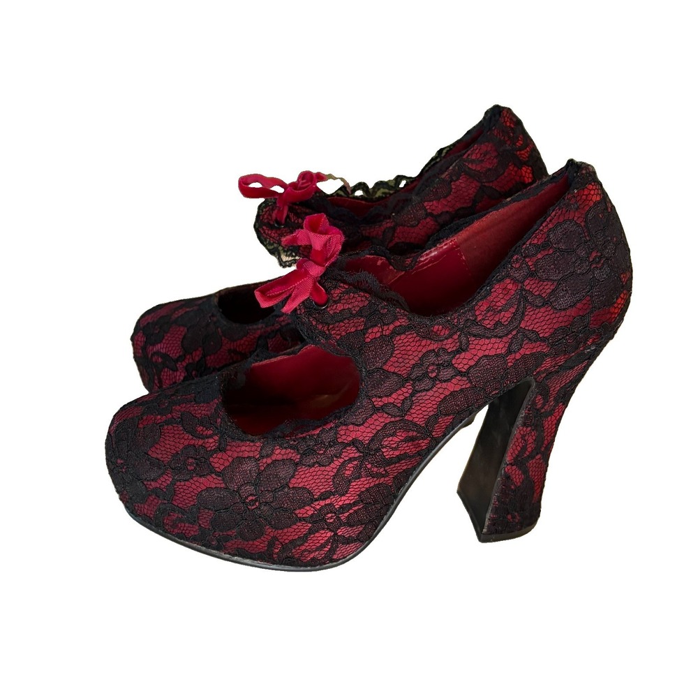 Pleaser Demonia Platform Lace Mary Jane Pumps High Heels Demon 11 Red Black Vamp